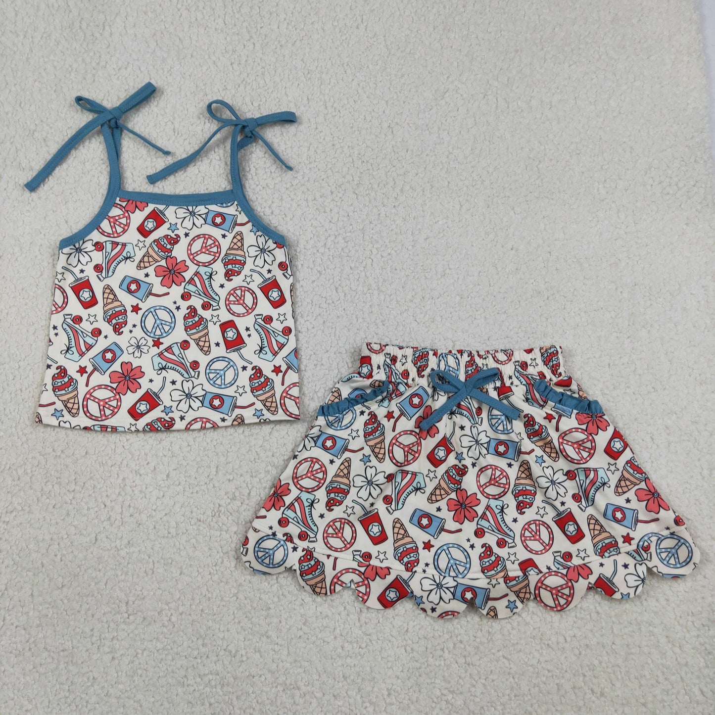 Sibling Baby Girls Strap Bows Checked Coffee Popsicle Top Pockets Skirt Shorts Clothes Sets