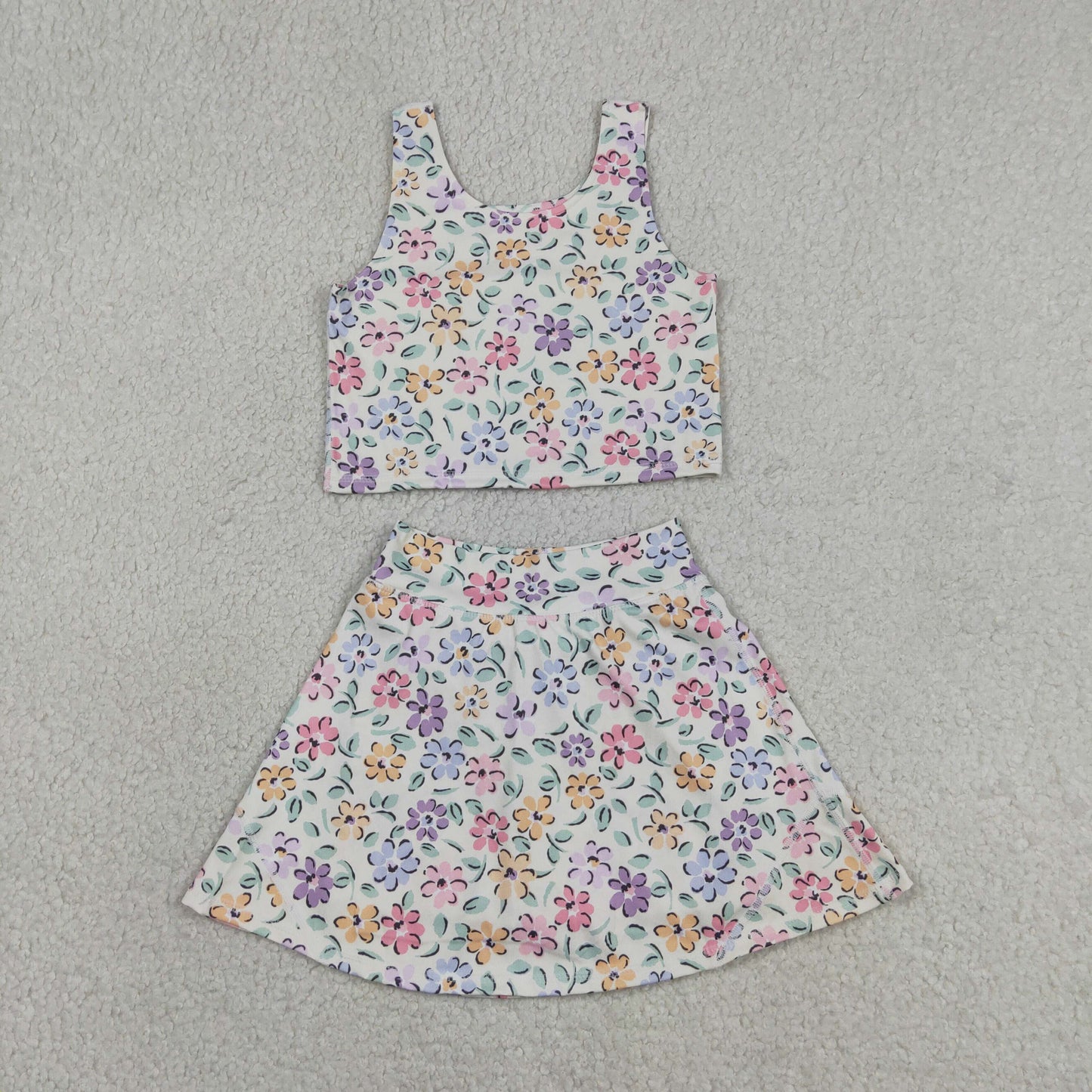GSD3838 Baby Girls Colorful Flowers Vests Top Skirt Short Yoga Active Clothes Sets