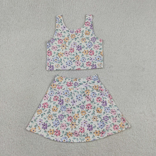 GSD3838 Baby Girls Colorful Flowers Vests Top Skirt Short Yoga Active Clothes Sets