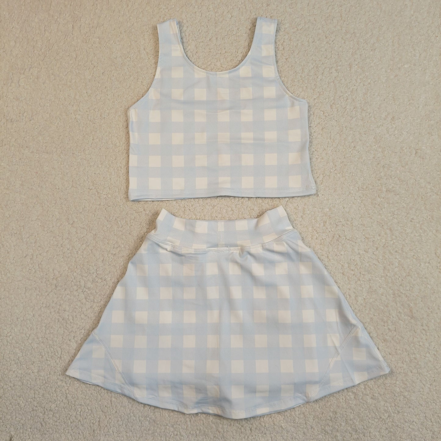 GSD3839 Baby Girls Light Blue Checked Vests Top Skirt Short Yoga Active Clothes Sets