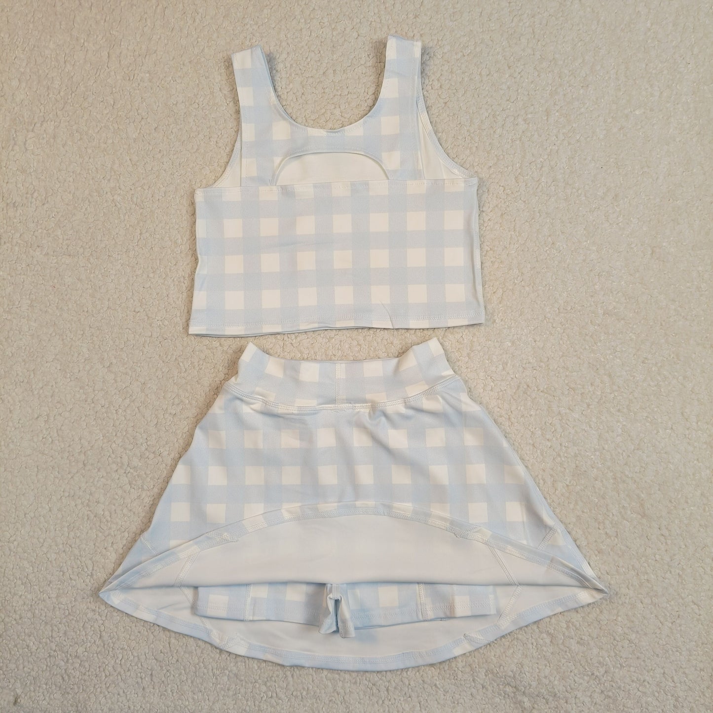 GSD3839 Baby Girls Light Blue Checked Vests Top Skirt Short Yoga Active Clothes Sets