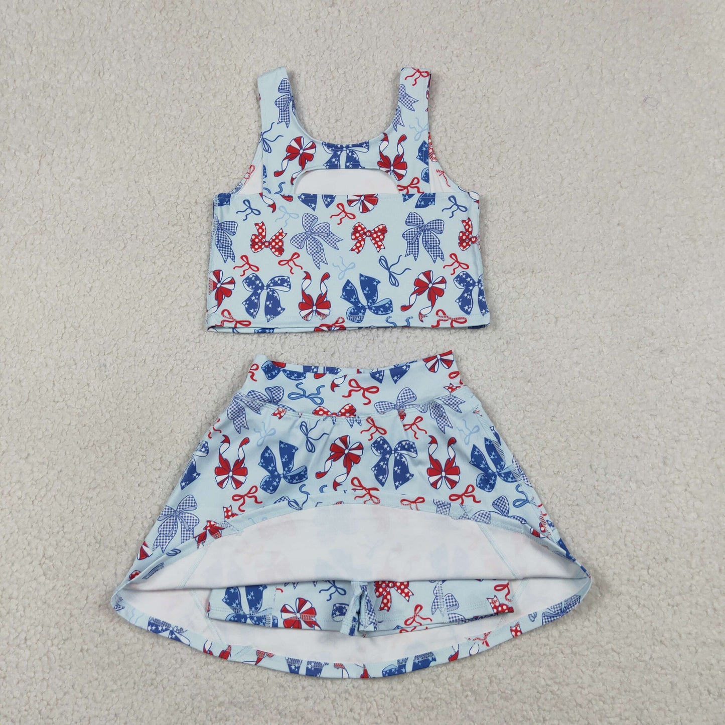 Sibling Baby Girls Red Blue Bows 4th of July Yoga Active Skirt Shorts Set Knee Length Dresses