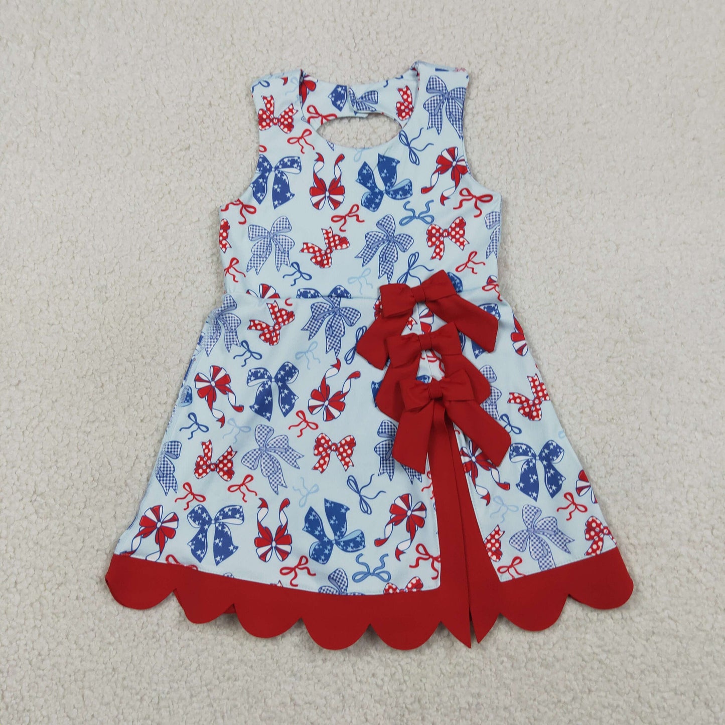 Sibling Baby Girls Bows Flags 4th of July Yoga Active Short Knee Scallop Length Dresses