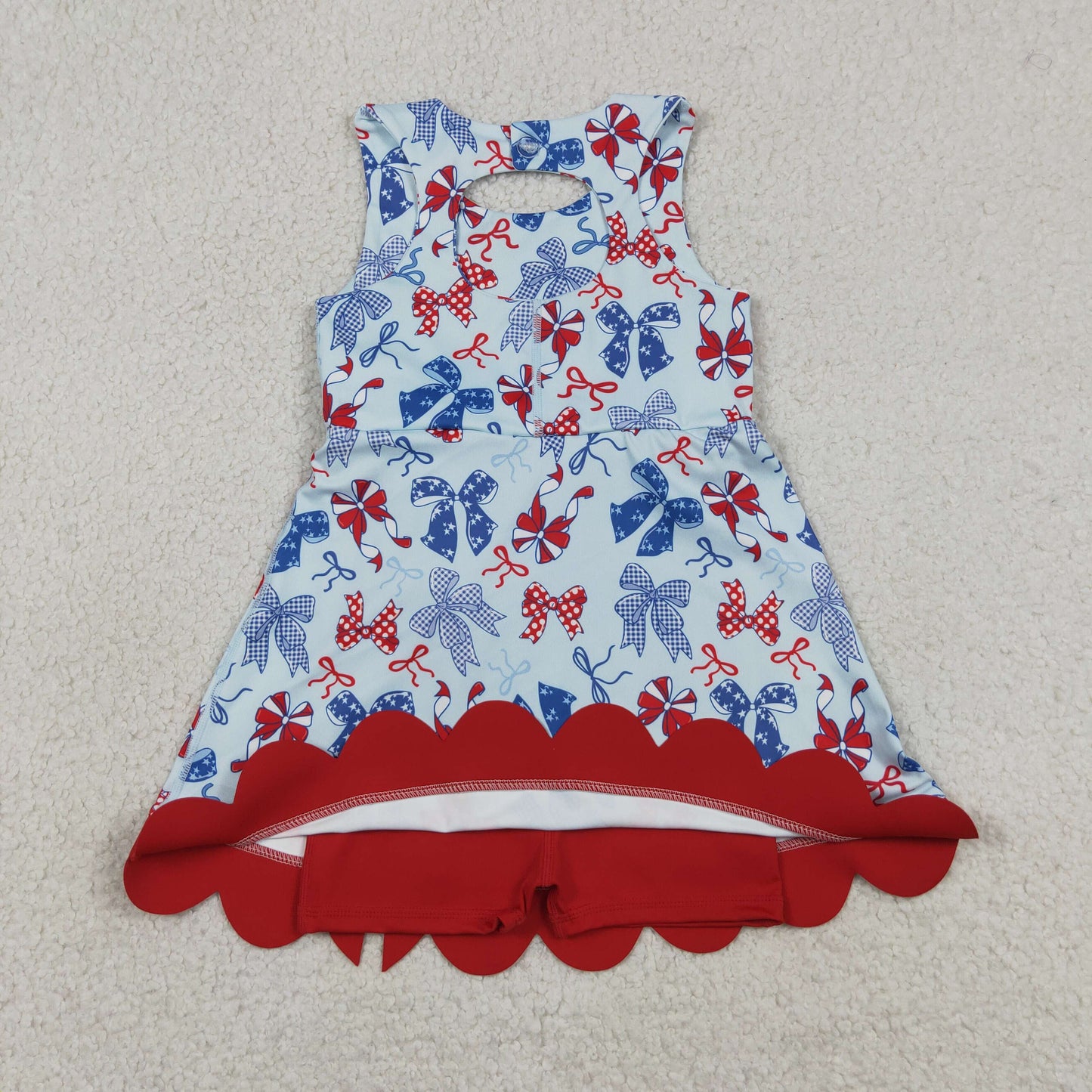 Sibling Baby Girls Red Blue Bows 4th of July Yoga Active Skirt Shorts Set Knee Length Dresses