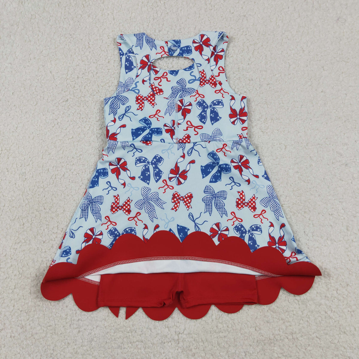 GSD3875 Baby Girls Red Blue Bows Yoga Active Short 4th of July Bows Scallop Knee Length Dress