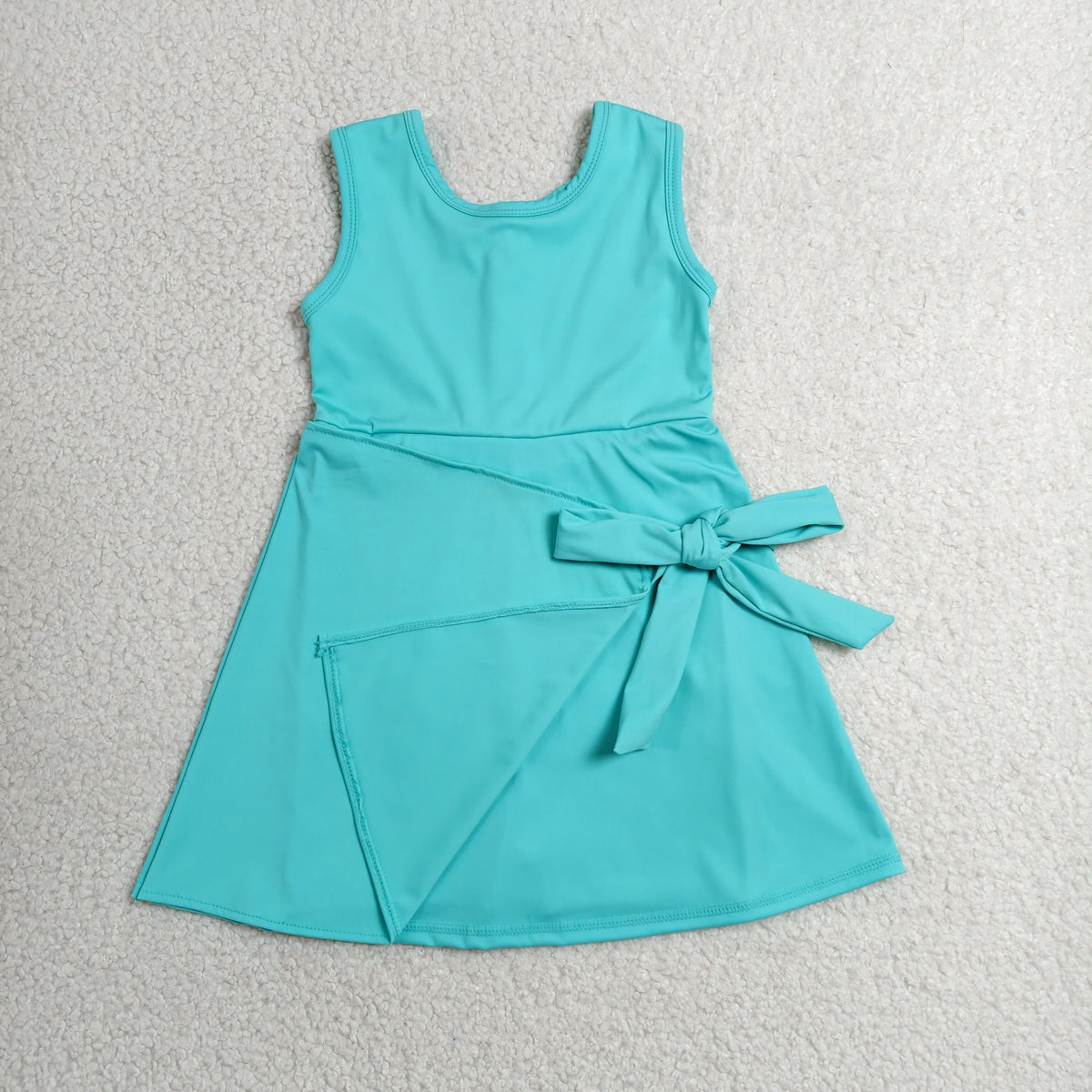 GSD3876 Baby Girls Lake Blue Sleeveless Back Zip Yoga Active Short Bow Knee Length Dress