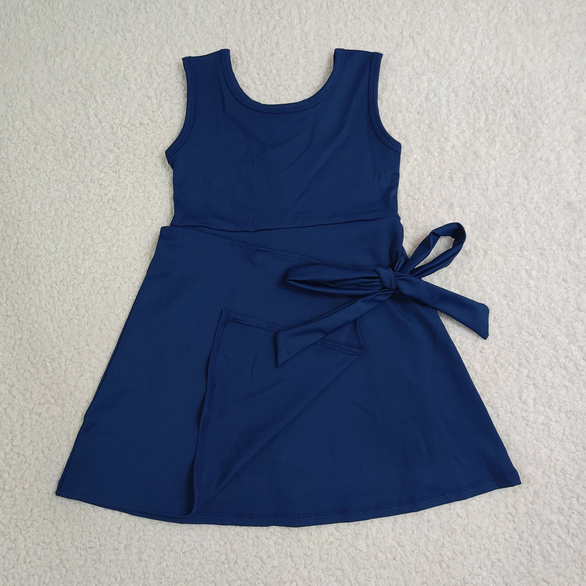 GSD3880 Baby Girls Navy Sleeveless Back Zip Yoga Active Short Bow Knee Length Dress