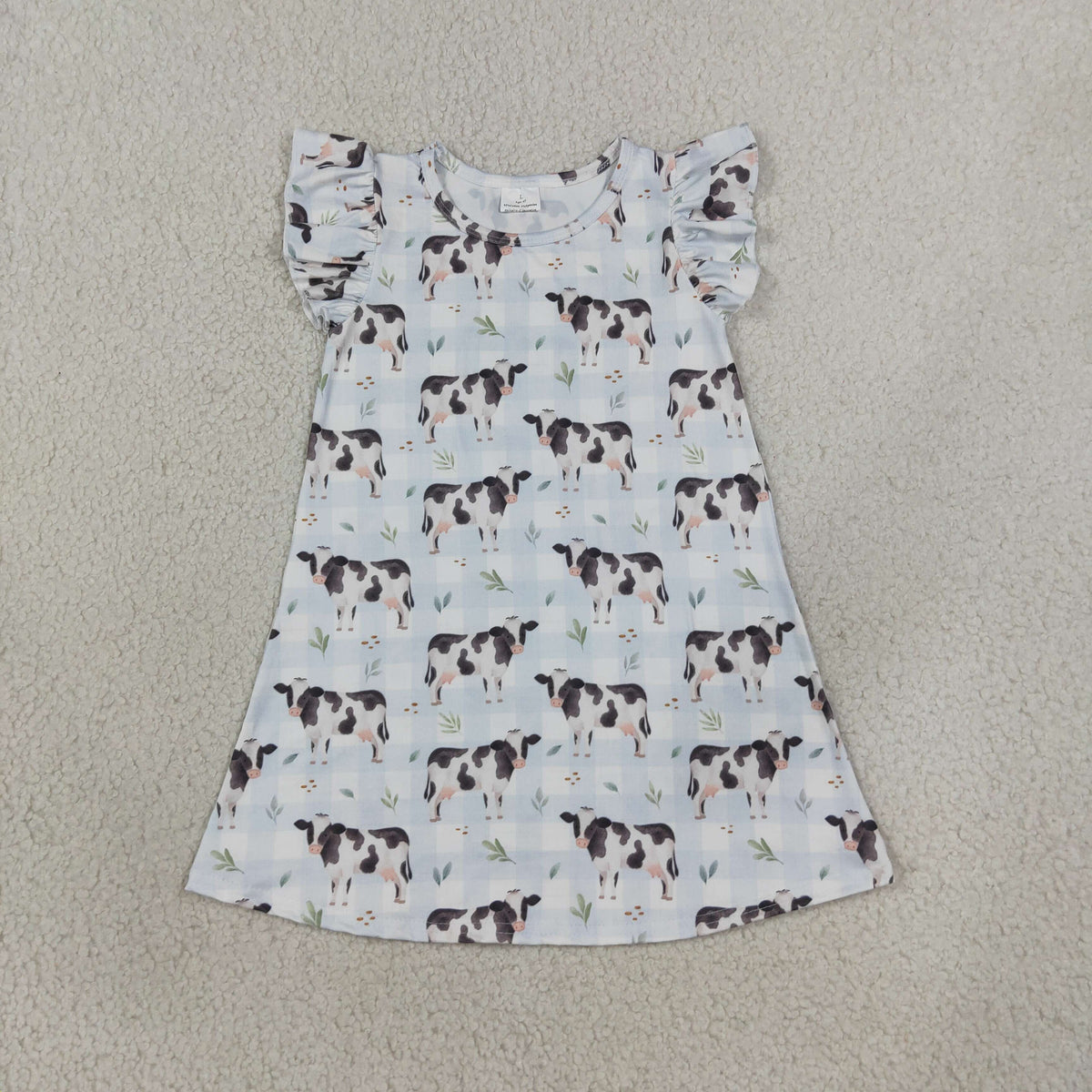 GSD3895 Baby Girls Flutter Sleeve Blue Checked Cows Farm Knee Length Dresses