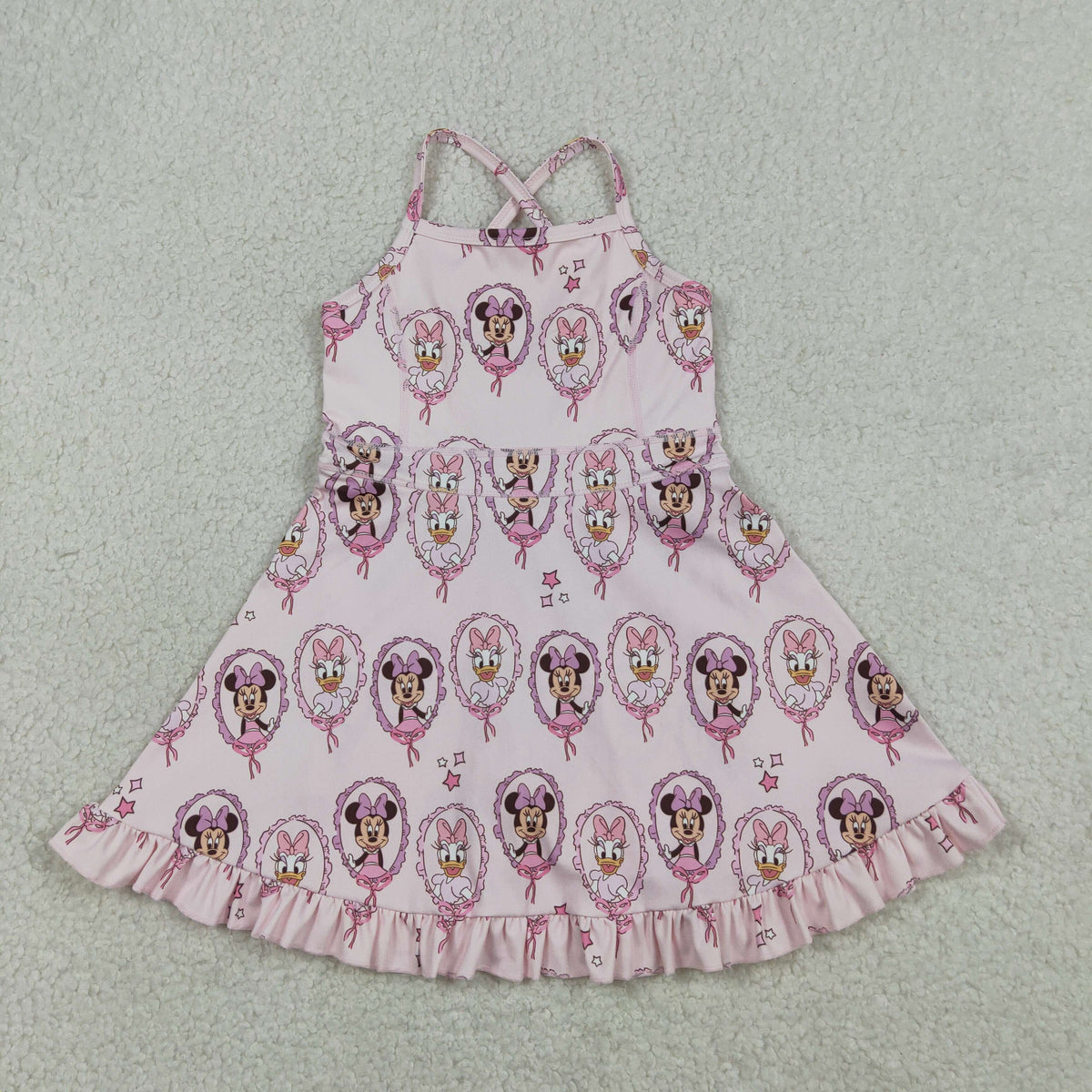 GSD3915 Baby Girls Strap Cartoon Mouse Ducks Yoga Active Short Ruffle Knee Length Dress