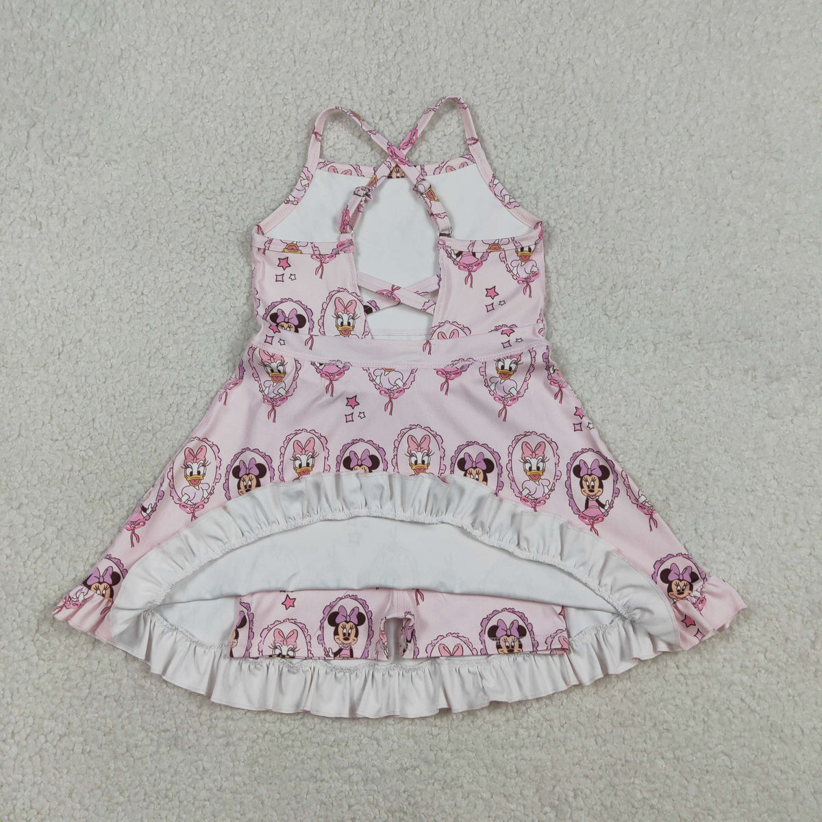 GSD3915 Baby Girls Strap Cartoon Mouse Ducks Yoga Active Short Ruffle Knee Length Dress