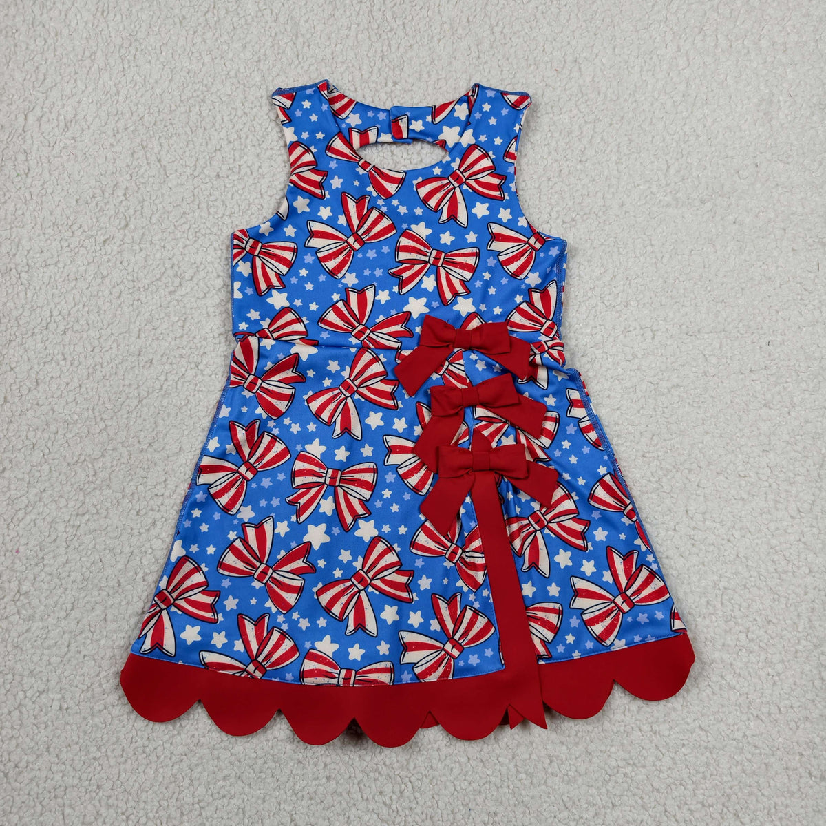 GSD3925 Baby Girls Stars Bows Yoga Active Short 4th of July Bows Scallop Knee Length Dress