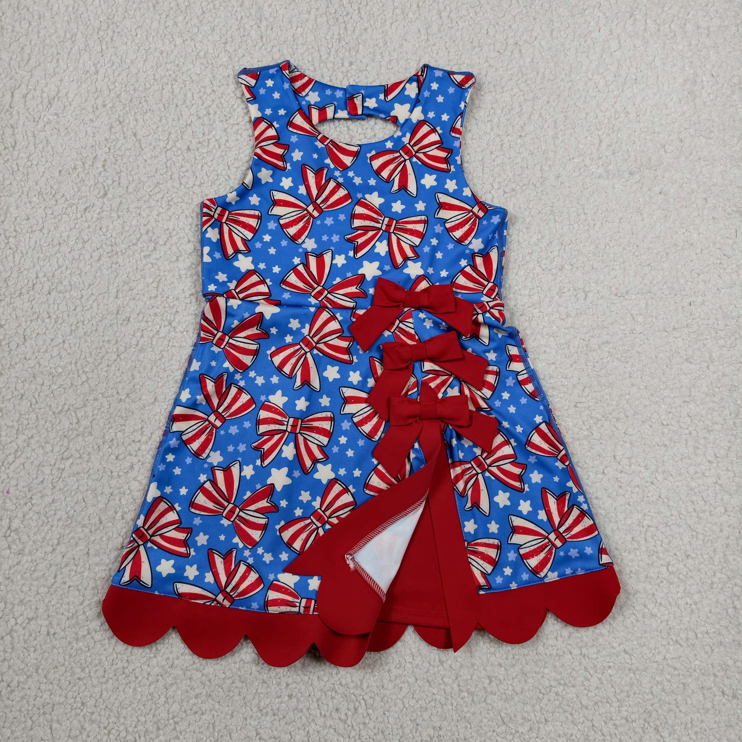 Sibling Baby Girls Bows Flags 4th of July Yoga Active Short Knee Scallop Length Dresses
