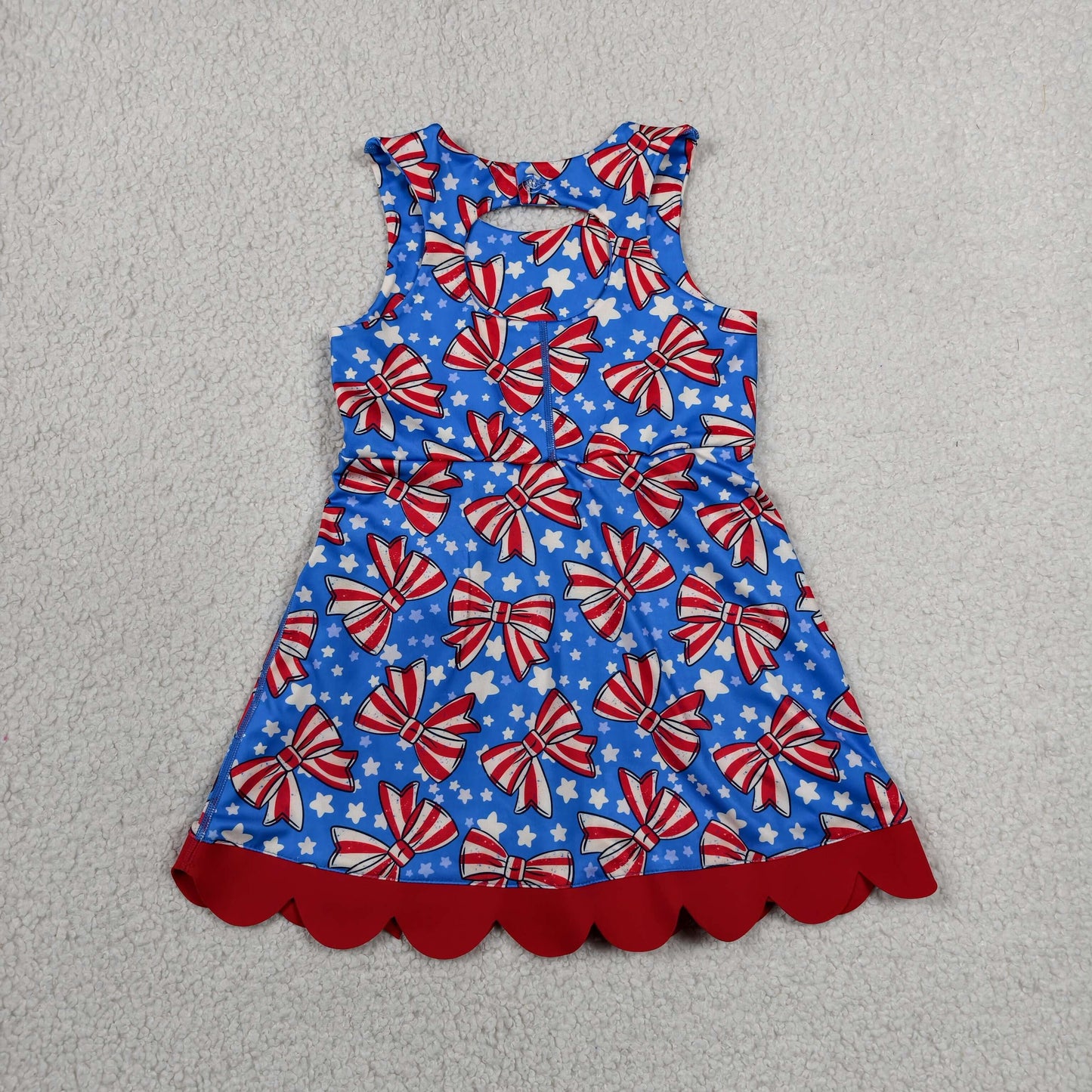 Sibling Baby Girls Bows Flags 4th of July Yoga Active Short Knee Scallop Length Dresses