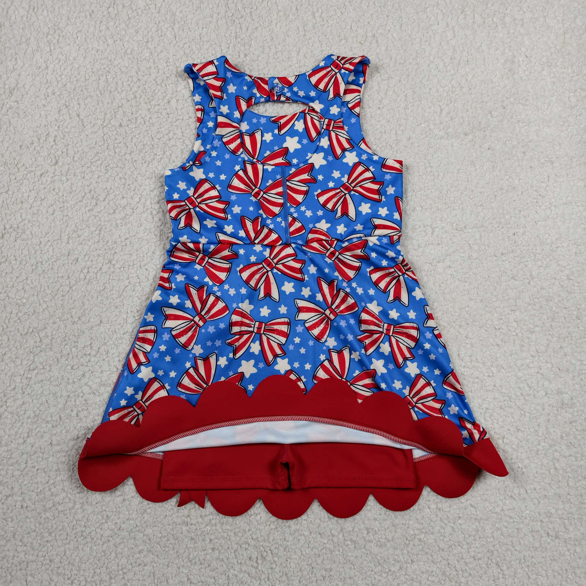 GSD3925 Baby Girls Stars Bows Yoga Active Short 4th of July Bows Scallop Knee Length Dress