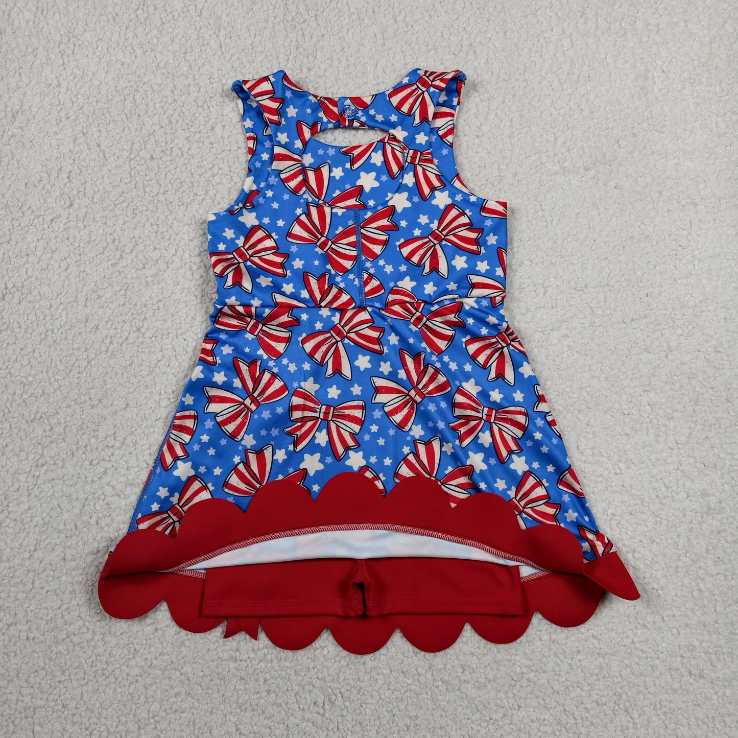 Sibling Baby Girls Bows Flags 4th of July Yoga Active Short Knee Scallop Length Dresses