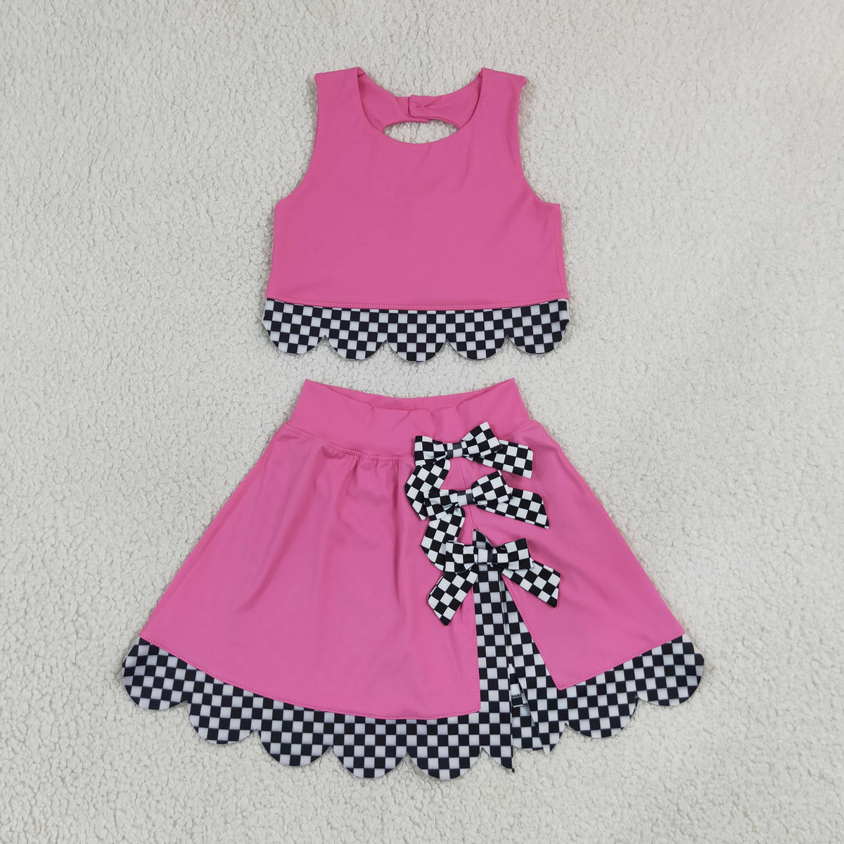 GSD3926 Baby Girls Hot Pink Black Vests Bows Skirt Short Yoga Active Scallop Clothes Set
