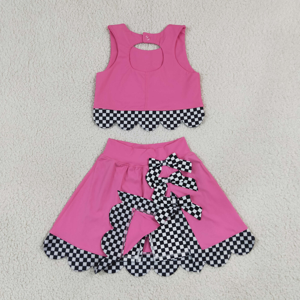 GSD3926 Baby Girls Hot Pink Black Vests Bows Skirt Short Yoga Active Scallop Clothes Set