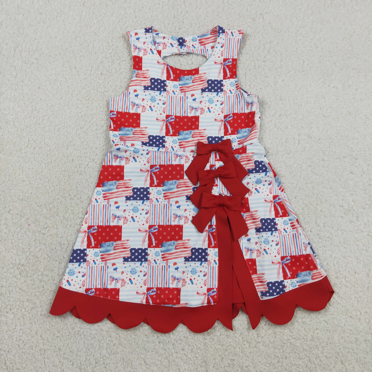 GSD3945 Baby Girls Bows Flags Yoga Active Short 4th of July Bows Scallop Knee Length Dress