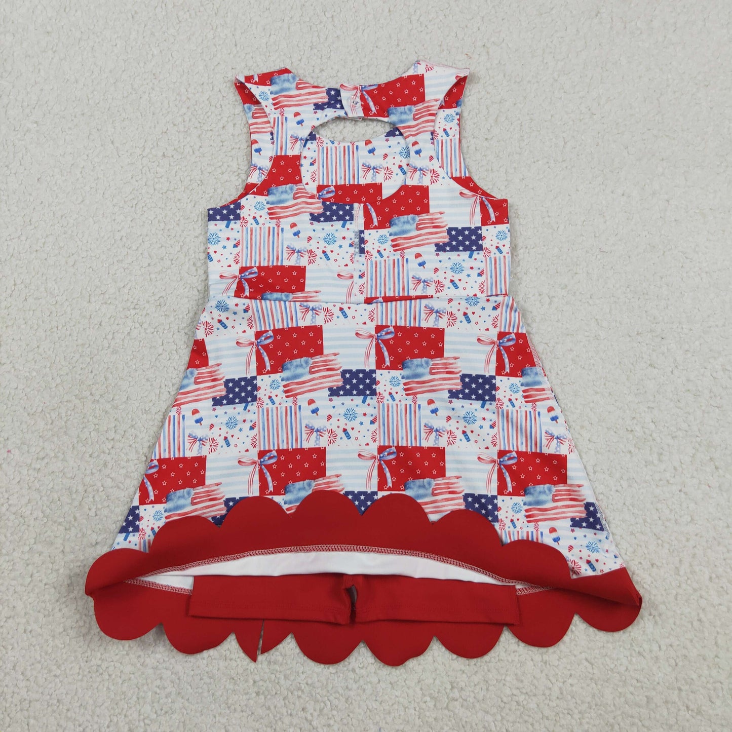 Sibling Baby Girls Flags Stars 4th of July Yoga Active Knee Length Dress Scallop Clothes Sets