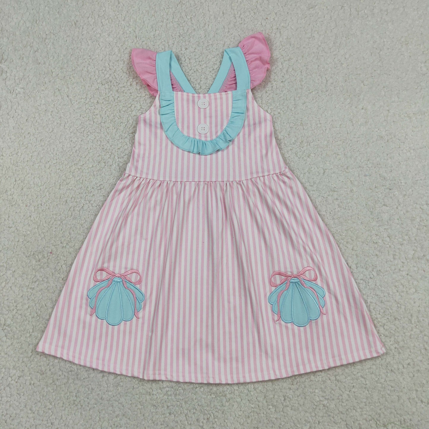 Sibling Baby Girls Pink Stripe Embroidery Bows Shells Strap Knee Length Dress Rompers