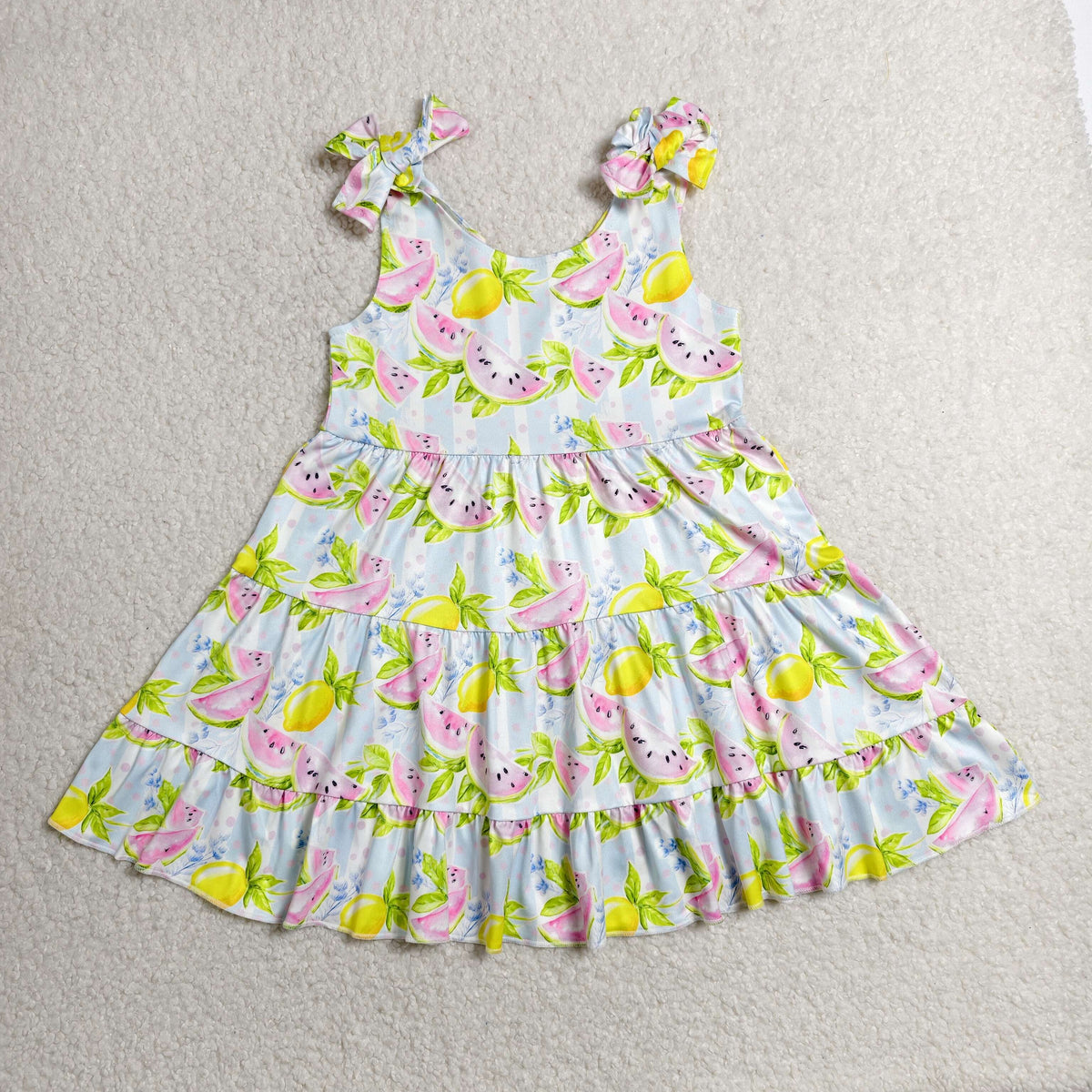 GSD3965 Baby Girls Strap Lemons Watermelons Ruffle Patchwork Knee Length Dresses