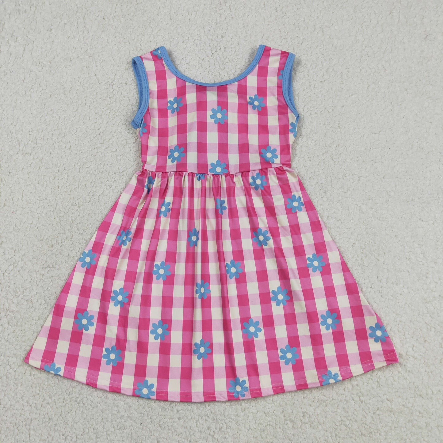 GSD4007 Baby Girls Sleeveless Pink Checked Flowers Back Bow Knee Length Dresses