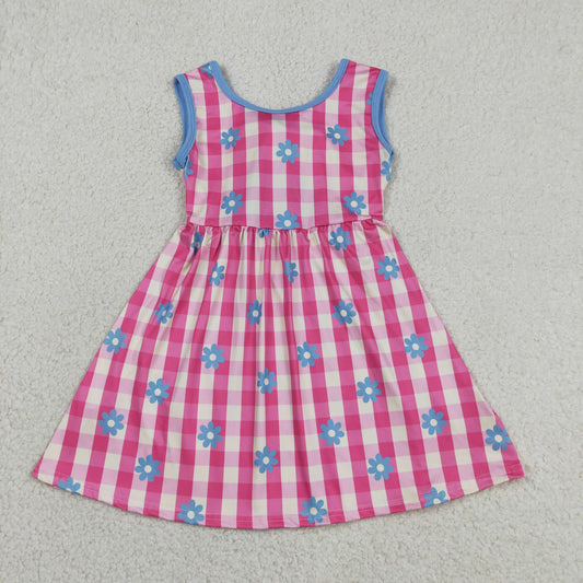 GSD4007 Baby Girls Sleeveless Pink Checked Flowers Back Bow Knee Length Dresses