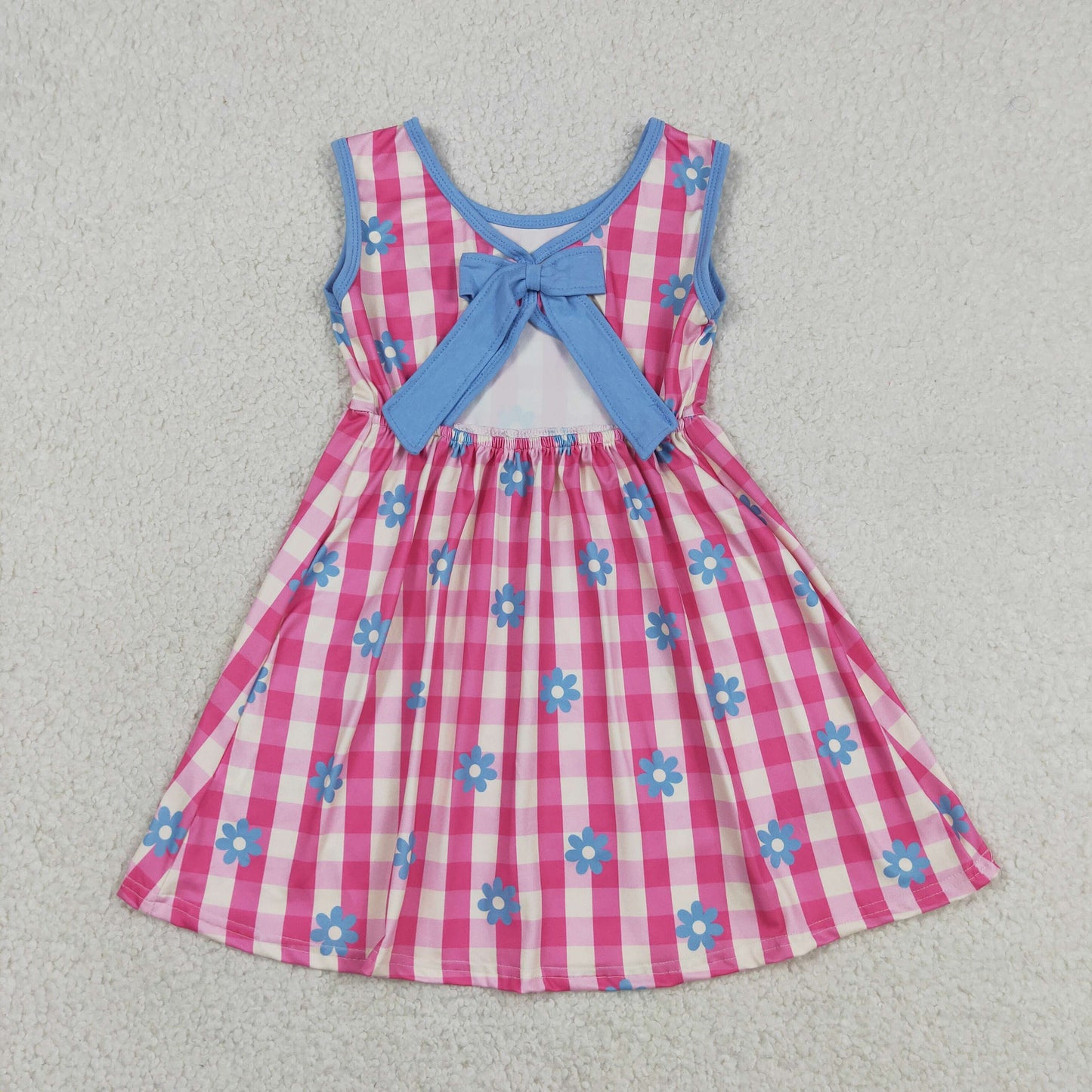 GSD4007 Baby Girls Sleeveless Pink Checked Flowers Back Bow Knee Length Dresses