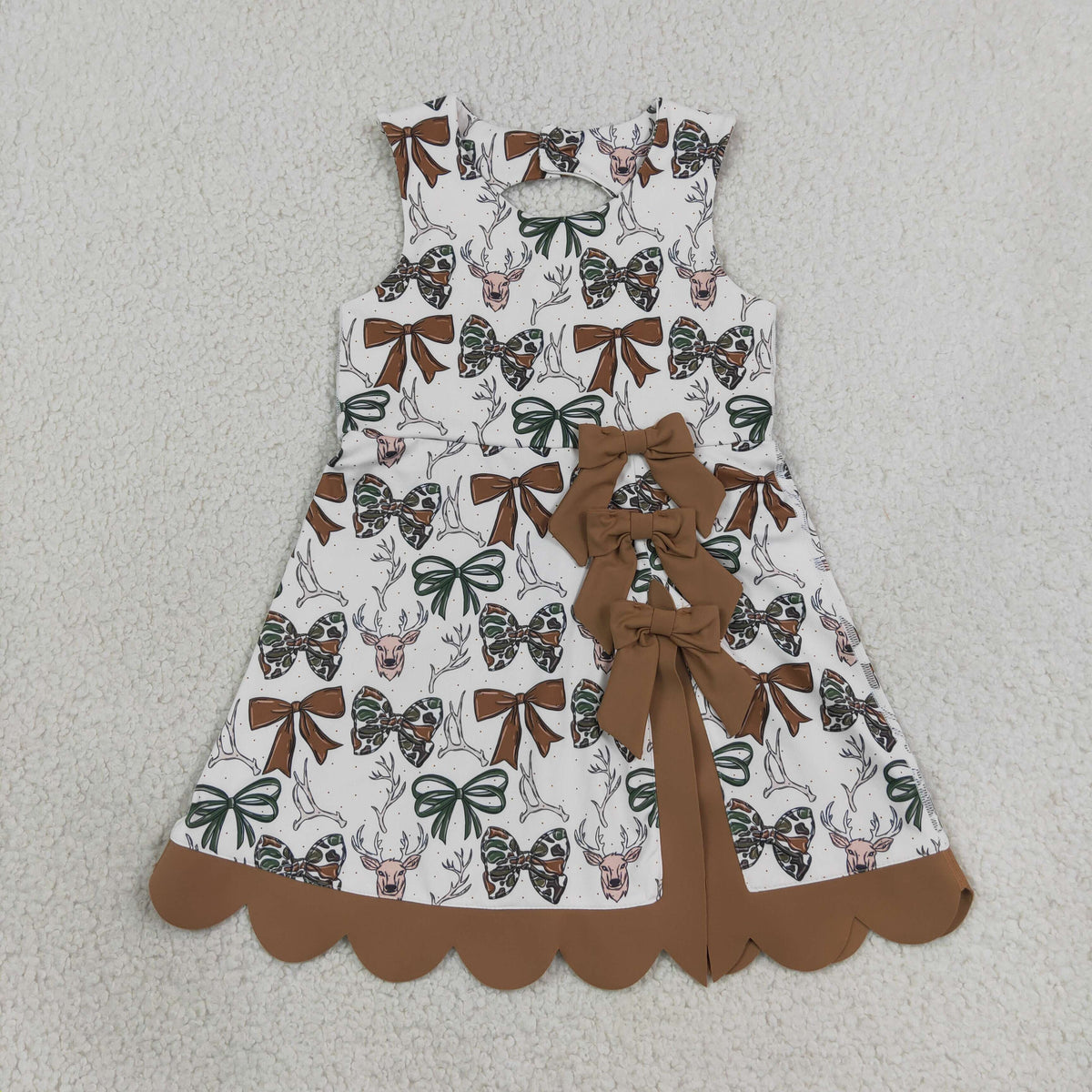 GSD4008 Baby Girls Camo Bows Deer Yoga Active Short Hunting Bows Scallop Knee Length Dress