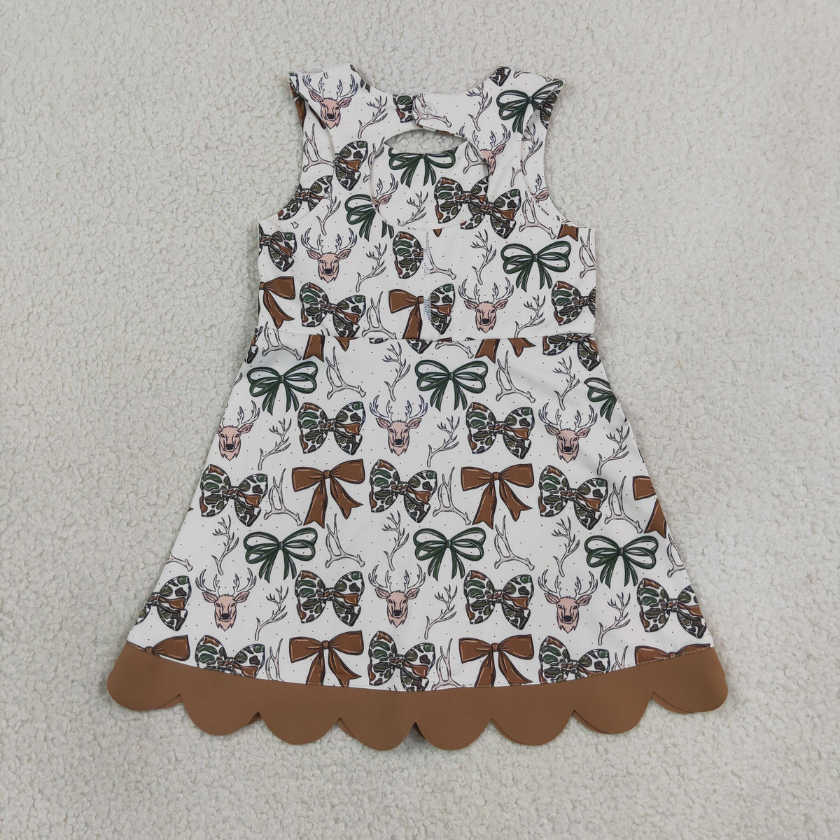 GSD4008 Baby Girls Camo Bows Deer Yoga Active Short Hunting Bows Scallop Knee Length Dress
