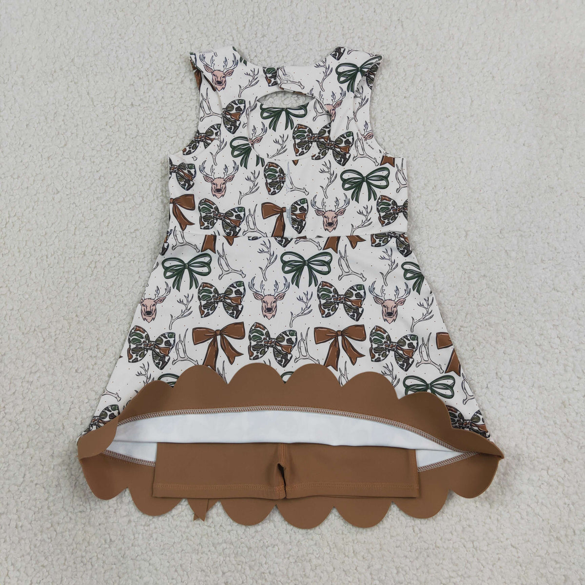 GSD4008 Baby Girls Camo Bows Deer Yoga Active Short Hunting Bows Scallop Knee Length Dress