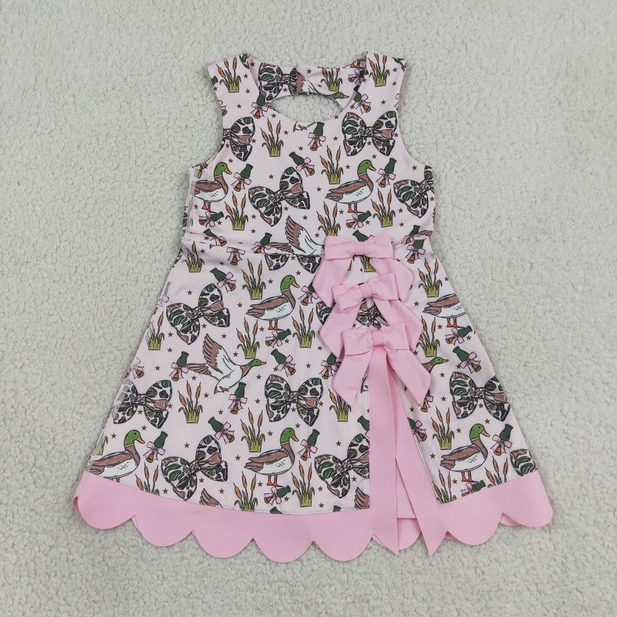 GSD4009 Baby Girls Camo Bows Ducks Yoga Active Short Hunting Bows Scallop Knee Length Dress