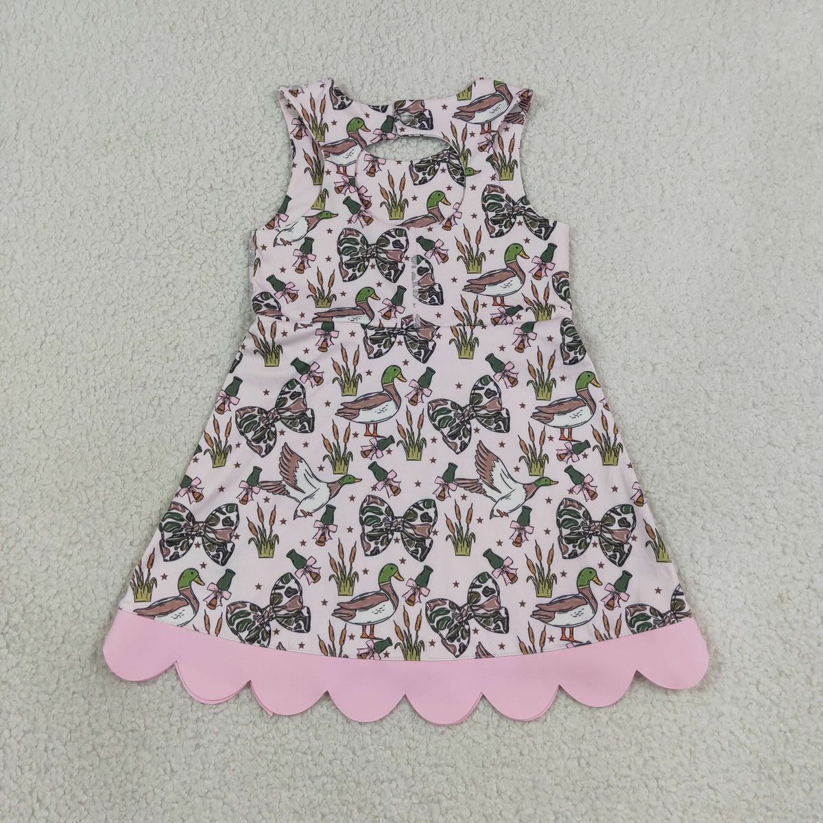 GSD4009 Baby Girls Camo Bows Ducks Yoga Active Short Hunting Bows Scallop Knee Length Dress