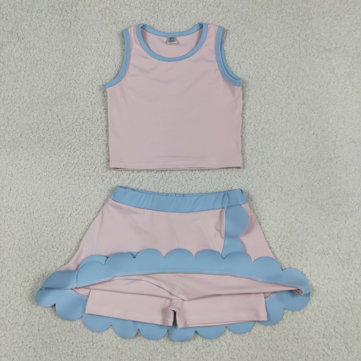 GSD4010 Baby Girls Blue Pink Sleeveless Vests Skirt Short Yoga Active Scallop Clothes Set