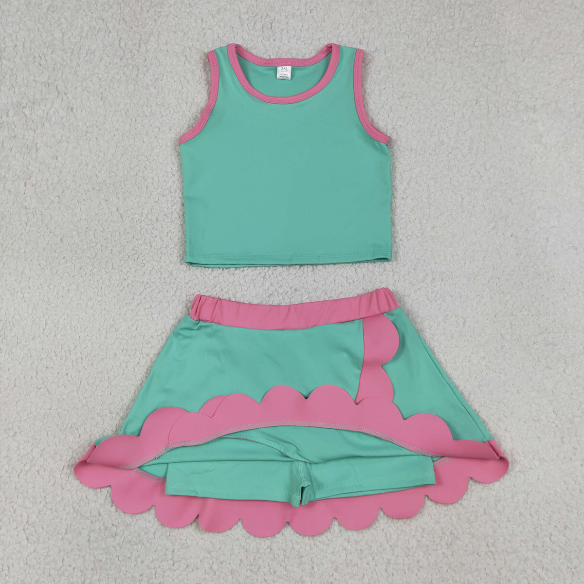 GSD4012 Baby Girls Pink Aqua Sleeveless Vests Skirt Short Yoga Active Scallop Clothes Set