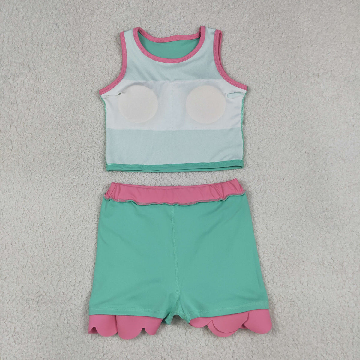 GSD4012 Baby Girls Pink Aqua Sleeveless Vests Skirt Short Yoga Active Scallop Clothes Set