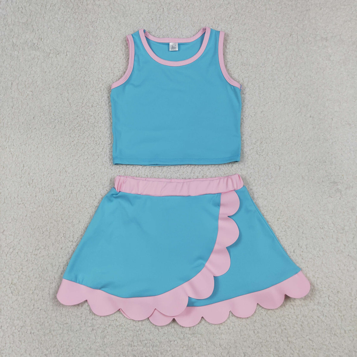 GSD4013 Baby Girls Pink Blue Sleeveless Vests Skirt Short Yoga Active Scallop Clothes Set