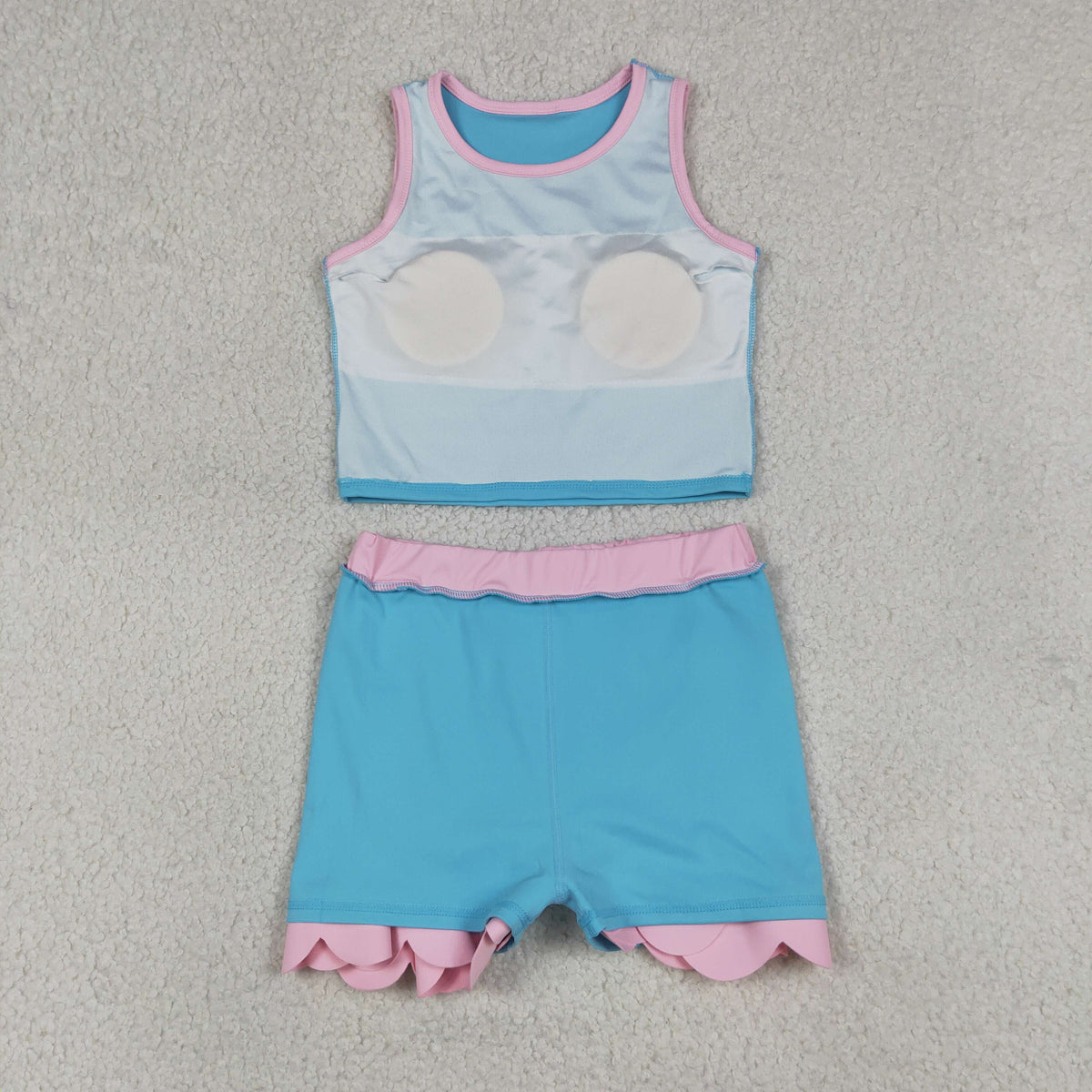GSD4013 Baby Girls Pink Blue Sleeveless Vests Skirt Short Yoga Active Scallop Clothes Set