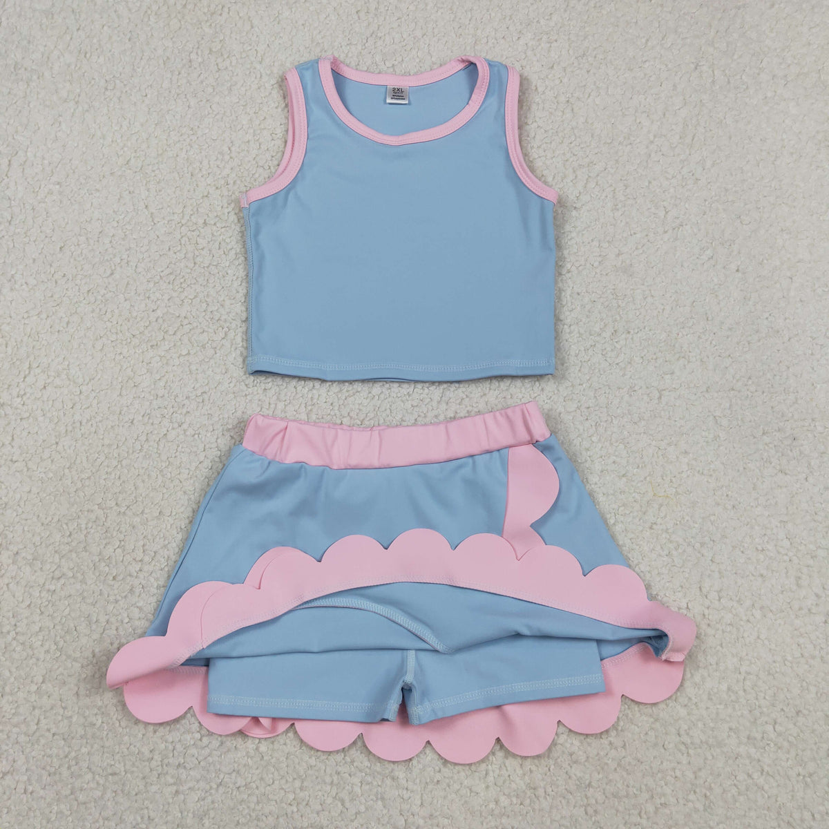 GSD4014 Baby Girls Blue Pink Sleeveless Vests Skirt Short Yoga Active Scallop Clothes Set