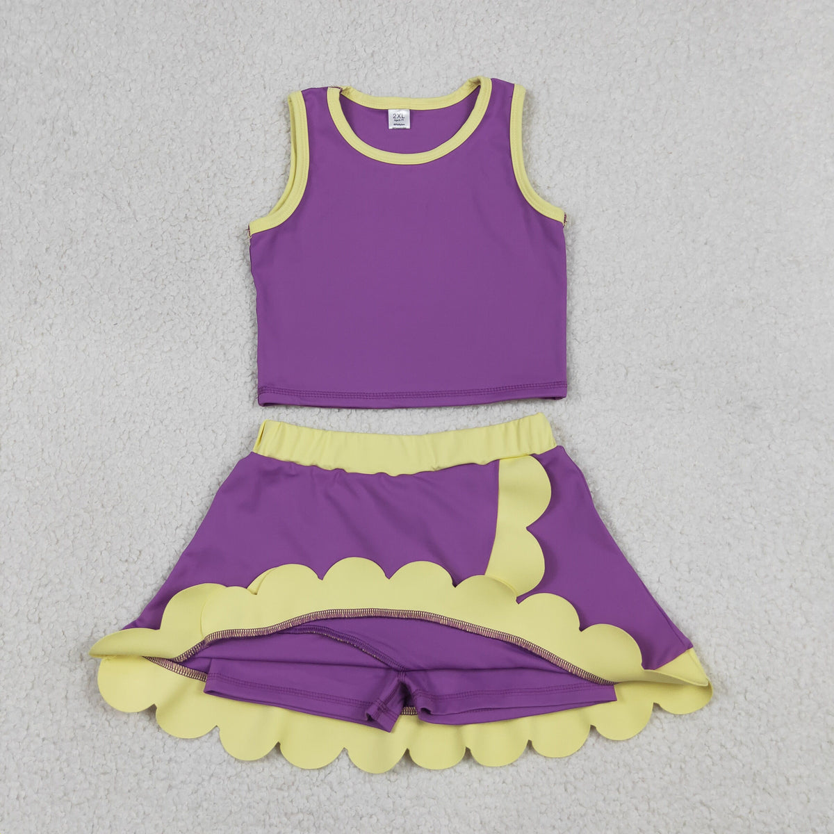 GSD4015 Baby Girls Purple Yellow Sleeveless Vests Skirt Short Yoga Active Scallop Clothes Set