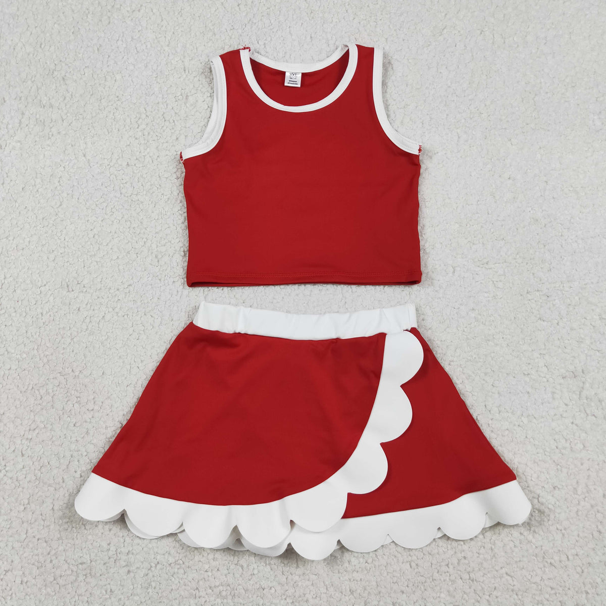 GSD4016 Baby Girls Red White Sleeveless Vests Skirt Short Yoga Active Scallop Clothes Set