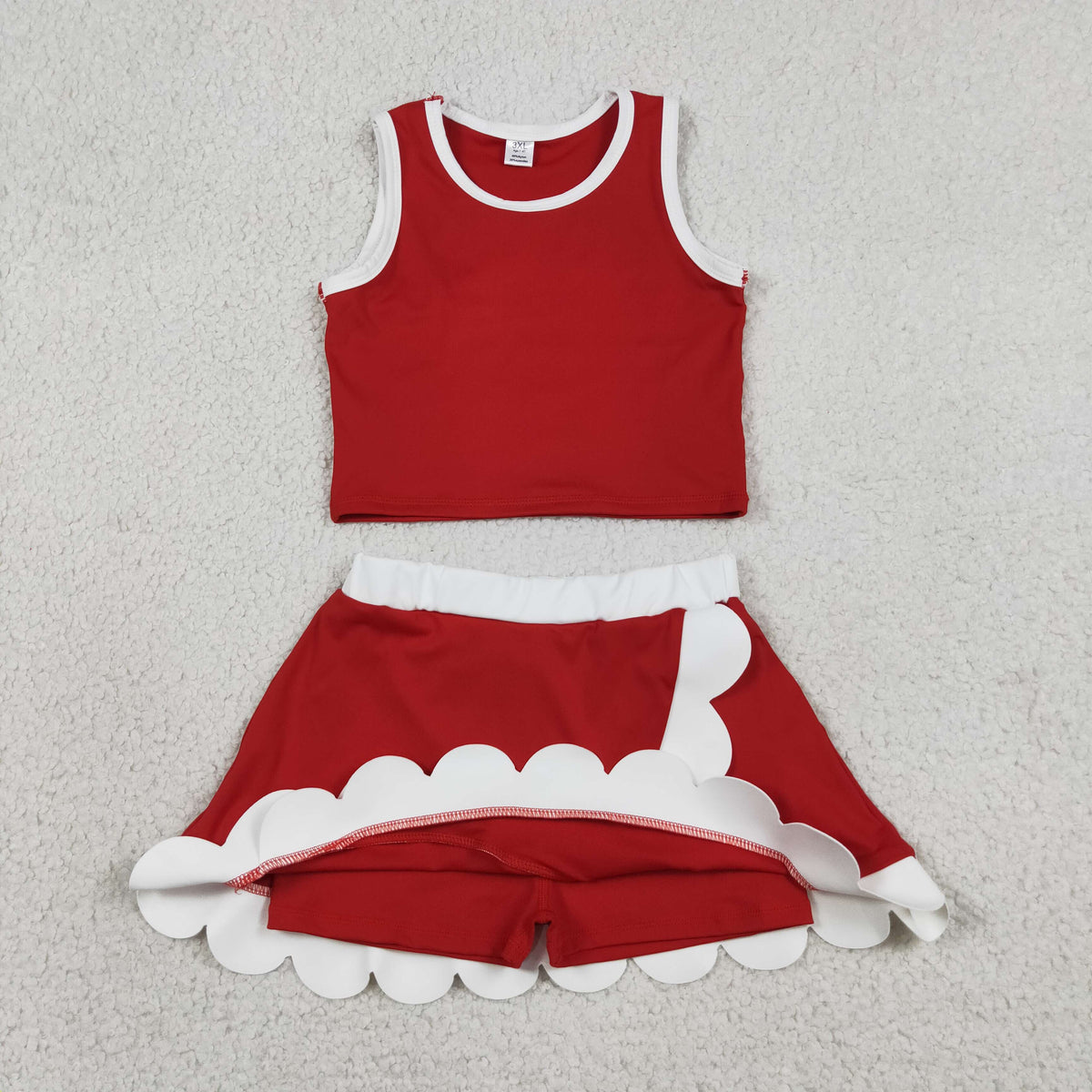GSD4016 Baby Girls Red White Sleeveless Vests Skirt Short Yoga Active Scallop Clothes Set