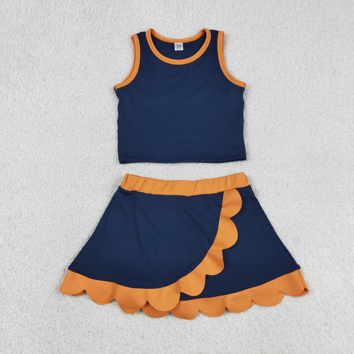 GSD4017 Baby Girls Orange Navy Sleeveless Vests Skirt Short Yoga Active Scallop Clothes Set