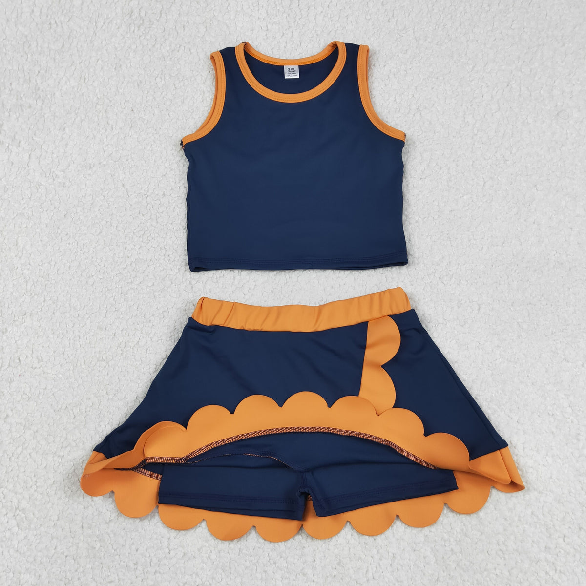 GSD4017 Baby Girls Orange Navy Sleeveless Vests Skirt Short Yoga Active Scallop Clothes Set