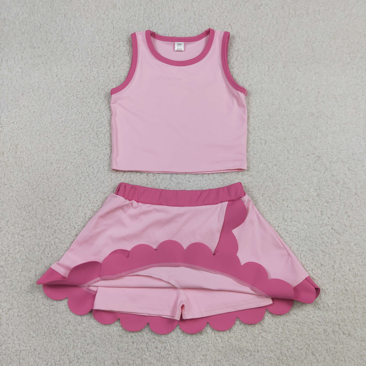 GSD4019 Baby Girls Pink Sleeveless Vests Skirt Short Yoga Active Scallop Clothes Set