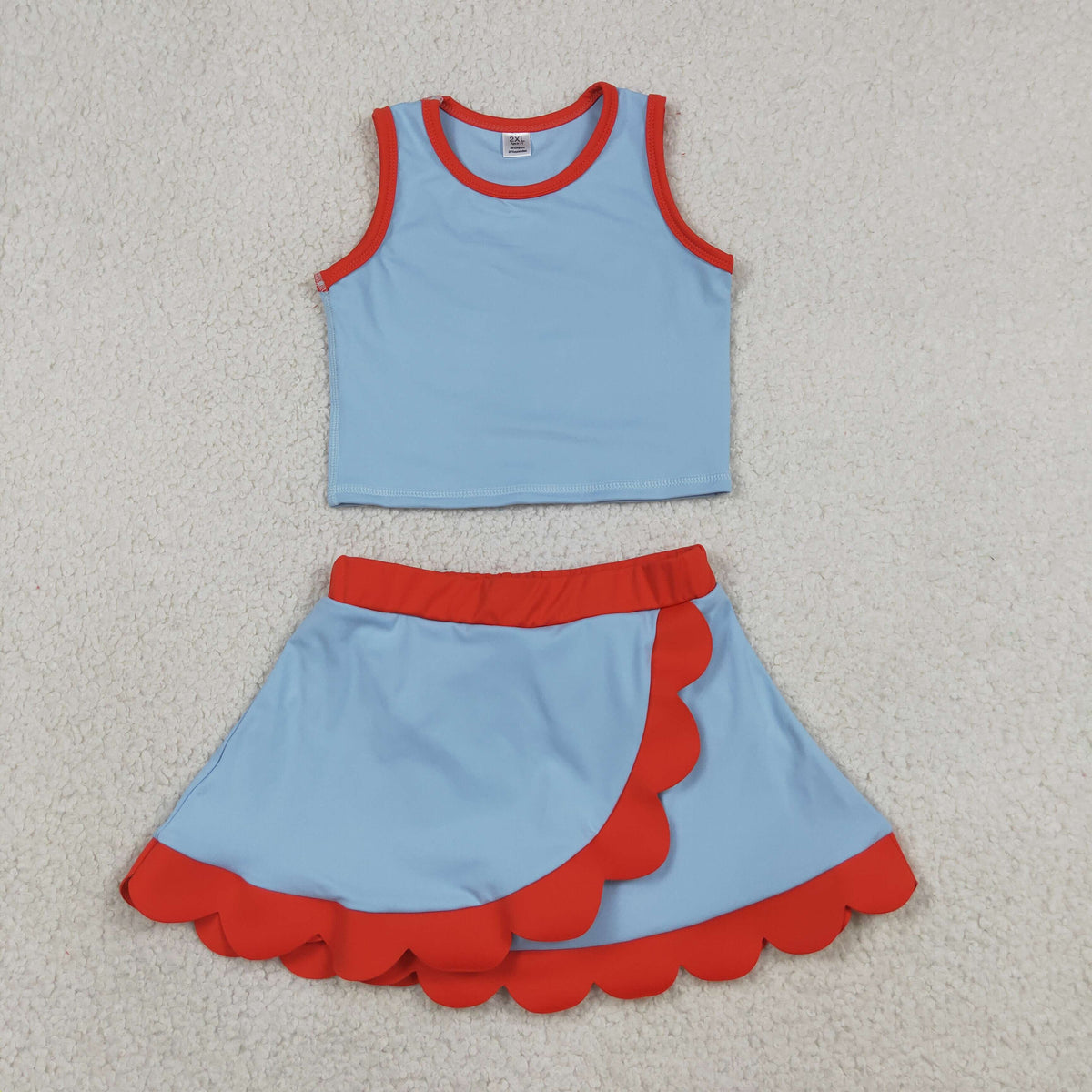 GSD4020 Baby Girls Blue Red Sleeveless Vests Skirt Short Yoga Active Scallop Clothes Set