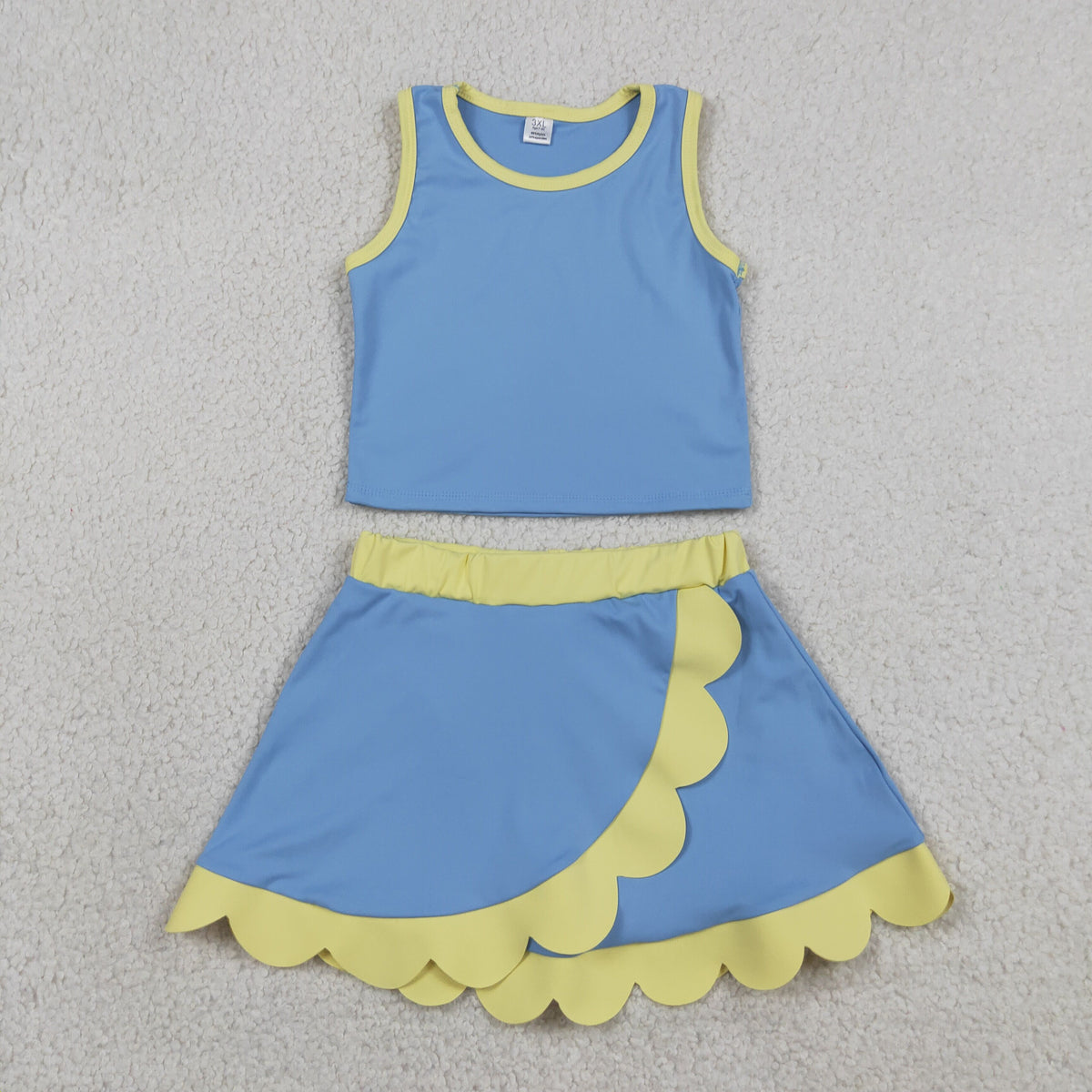 GSD4022 Baby Girls Blue Yellow Sleeveless Vests Skirt Short Yoga Active Scallop Clothes Set