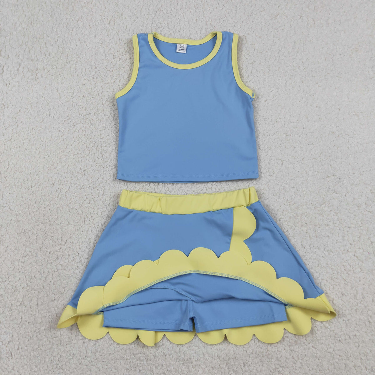 GSD4022 Baby Girls Blue Yellow Sleeveless Vests Skirt Short Yoga Active Scallop Clothes Set