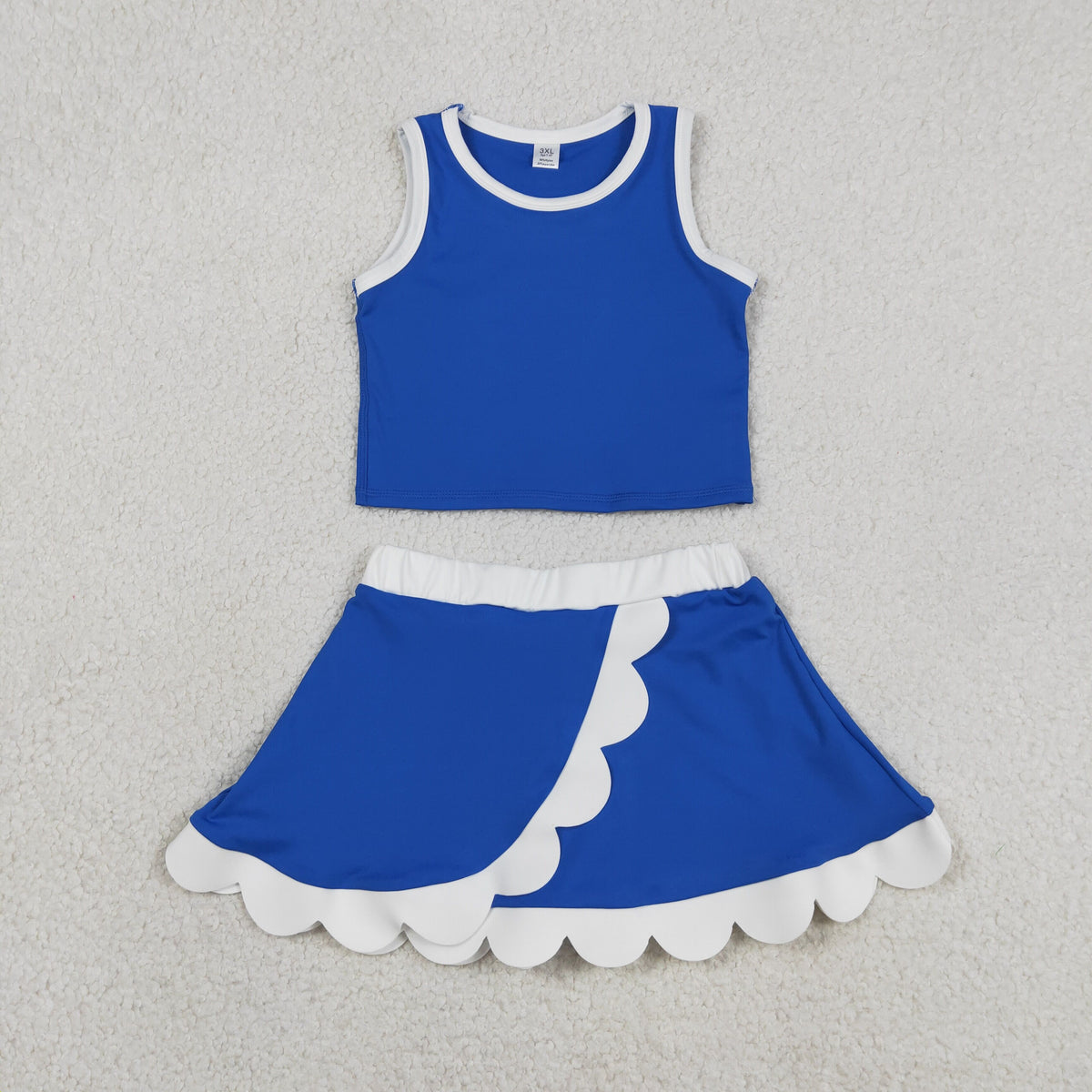 GSD4023 Baby Girls Hot Blue White Sleeveless Vests Skirt Short Yoga Active Scallop Clothes Set