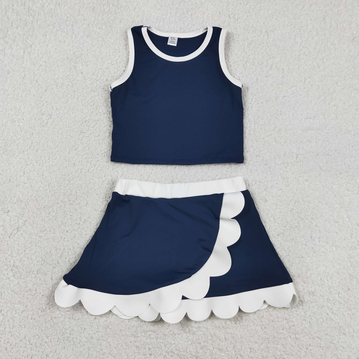 GSD4024 Baby Girls Navy White Sleeveless Vests Skirt Short Yoga Active Scallop Clothes Set